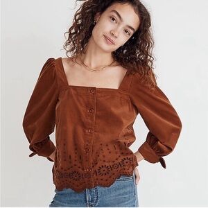 Madewell Embroidered Eyelet Corduroy Tie-Sleeve Top